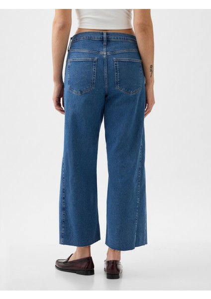 Kadın Koyu Mavi High Rise Stride Wide-Leg Ankle Jean Pantolon fırsatları
