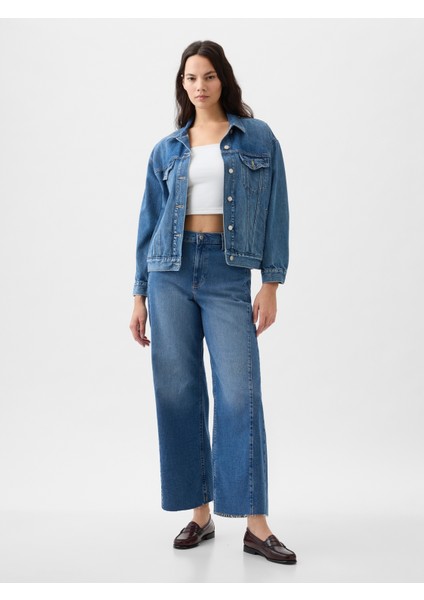 Kadın Koyu Mavi High Rise Stride Wide-Leg Ankle Jean Pantolon indirimleri