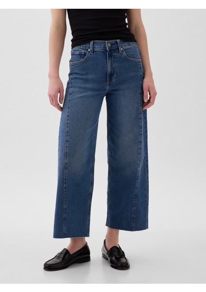 Kadın Koyu Mavi High Rise Stride Wide-Leg Ankle Jean Pantolon