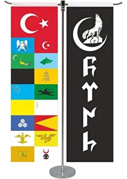 Flama Bayrak Türk Devletleri ve Bozkurt Türk Yazılı T Model Masa Bayrak Seti Renkli 2 Adet