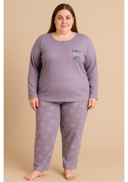 Kadın 05114 Büyük Beden % 100 Pamuk Raporlu Interlok Pijama Takımı Mor