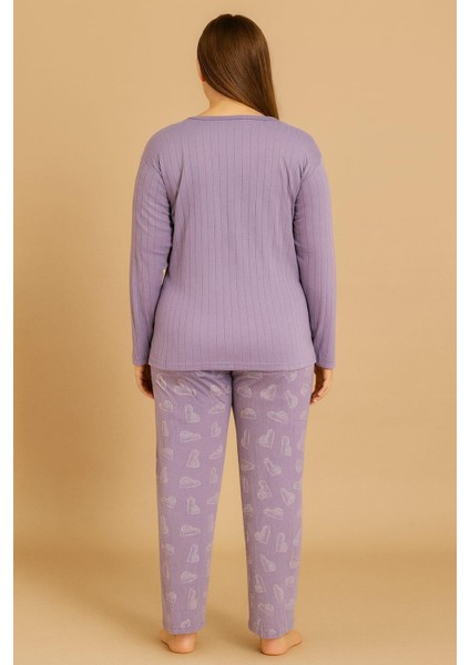 Kadın 05114 Büyük Beden % 100 Pamuk Raporlu Interlok Pijama Takımı Mor fiyatları