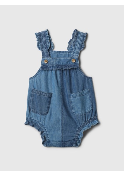 Bebek Koyu Mavi Kare Yaka Fırfırlı Denim Tulum fiyatları
