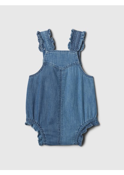 Bebek Koyu Mavi Kare Yaka Fırfırlı Denim Tulum