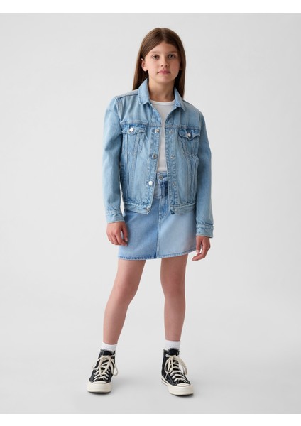 Kız Çocuk Mavi High Rise Patchwork Denim Etek