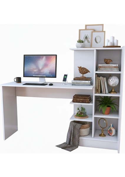 Modern Mdf Beyaz Kitaplıklı Çalışma Masası