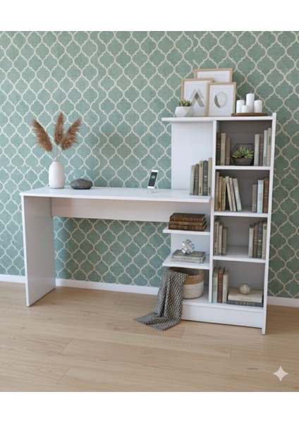 Modern Mdf Beyaz Kitaplıklı Çalışma Masası