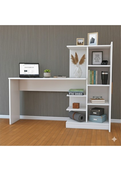 Modern Mdf Beyaz Kitaplıklı Çalışma Masası
