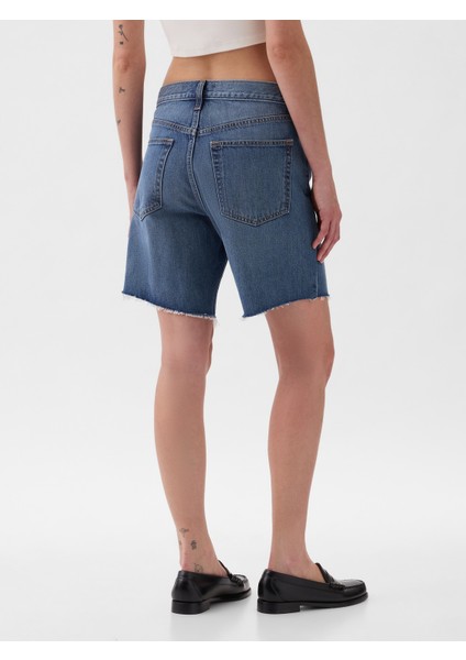 Kadın Koyu Mavi 8" Mid Rise '90S Loose Denim Bermuda Şort