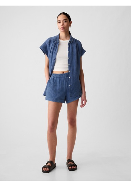 Kadın Mavi Crinkle Gauze Denim Easy Şort