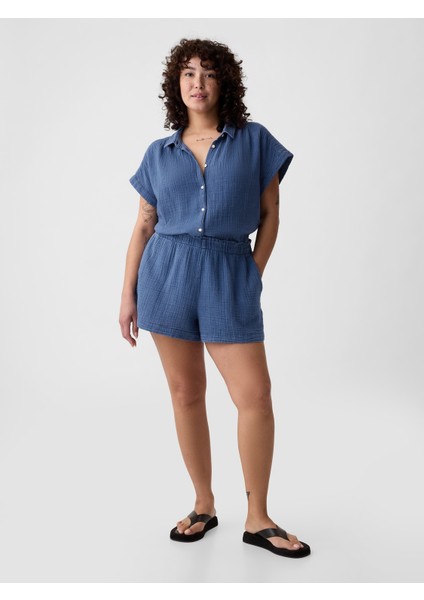 Kadın Mavi Crinkle Gauze Denim Easy Şort indirimleri