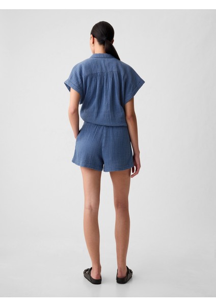 Kadın Mavi Crinkle Gauze Denim Easy Şort