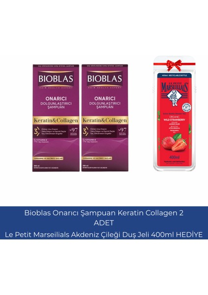 Şampuan 360 ml Collagen - Keratin Hacim Şampuanı 2 Adet+Lepetit Marseilials Akdeniz Çileği