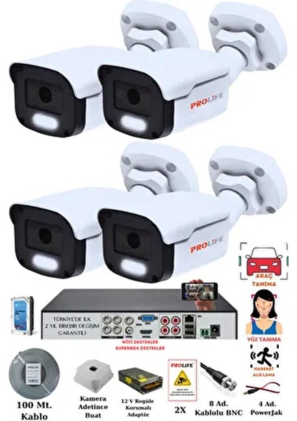 4 Kameralı Full Set 1080P Full Hd Gece Renkli Görüş Güvenlik Kamerası 2 Yıl Garantili Su Geçirmez