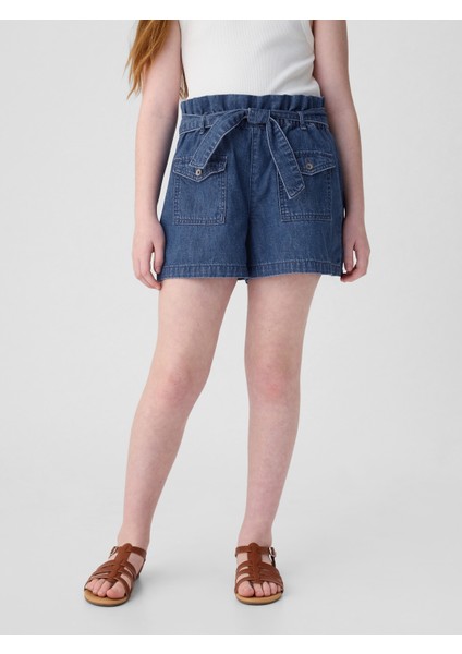Kız Çocuk Koyu Mavi High Rise Paperbag Denim Şort fırsatları