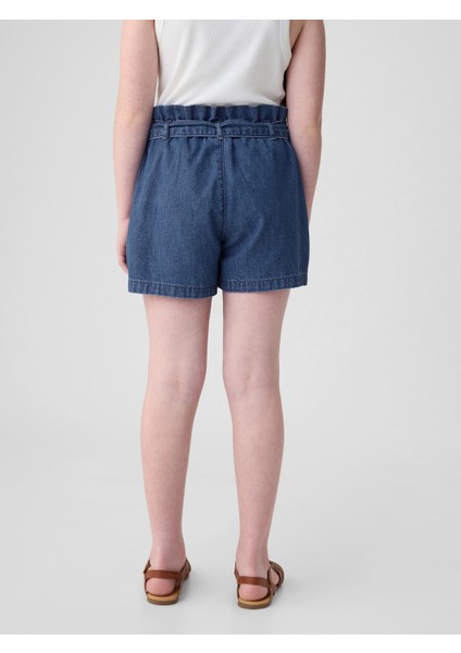 Kız Çocuk Koyu Mavi High Rise Paperbag Denim Şort indirimleri