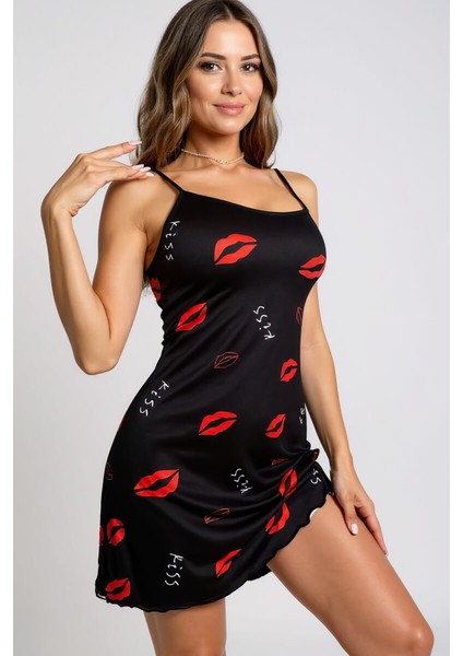 Dudak Desenli Siyah Askılı Gecelik fiyatları