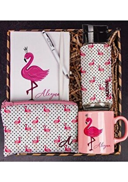 Flamingo Desenli Kişiye Özel Defter Kalem Matara Renkli Kupa Bardak Hediye Seti