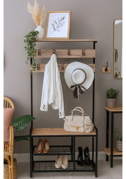 Metal Gövdeli Portmanto ve Ayakkabılık – Ahşap Raflı Çok Amaçlı Askılık Dolabı (85X35X170 Cm)