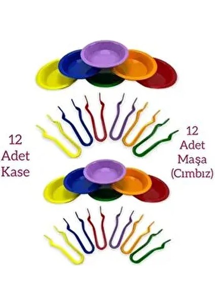 Eğitici Montessori Aktarma Seti 24 Parça, Kase ve Cımbız Seti, Kase ve Maşa Seti 12+12(24 Parça)