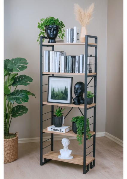 Modern Nordic 5 Raflı Meşe Kitaplık & Dekoratif Raf Ünitesi Ahşap Detaylı Çok Amaçlı Organizer
