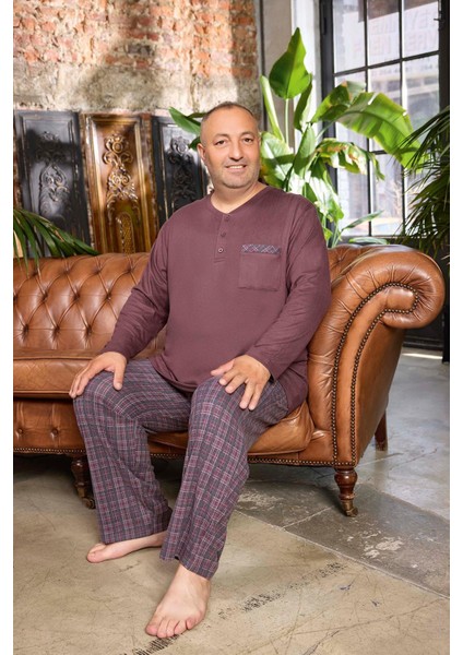 Erkek Emir Büyük Beden Kışlık Termal Kestane Rengi Pijama Takım 0544