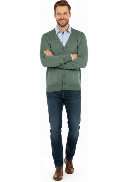 Erkek V Yakalı Düğmeli Uzun Kollu Çift Cepli Klasik Model Rahat Kesim Tam Kalıp Yünlü Dokuma Hırka