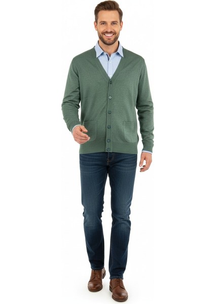 Erkek V Yakalı Düğmeli Uzun Kollu Çift Cepli Klasik Model Rahat Kesim Tam Kalıp Yünlü Dokuma Hırka fiyatları