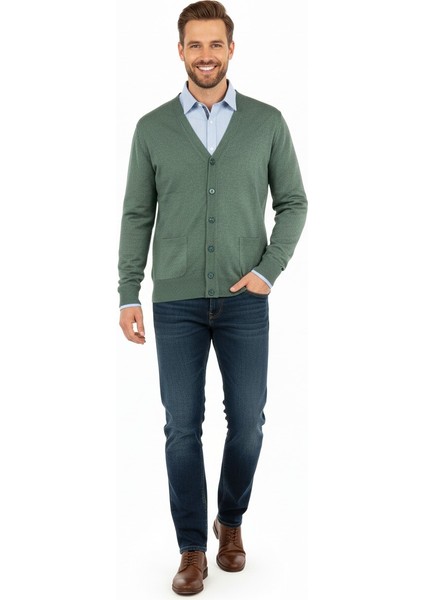 Erkek V Yakalı Düğmeli Uzun Kollu Çift Cepli Klasik Model Rahat Kesim Tam Kalıp Yünlü Dokuma Hırka fırsatları