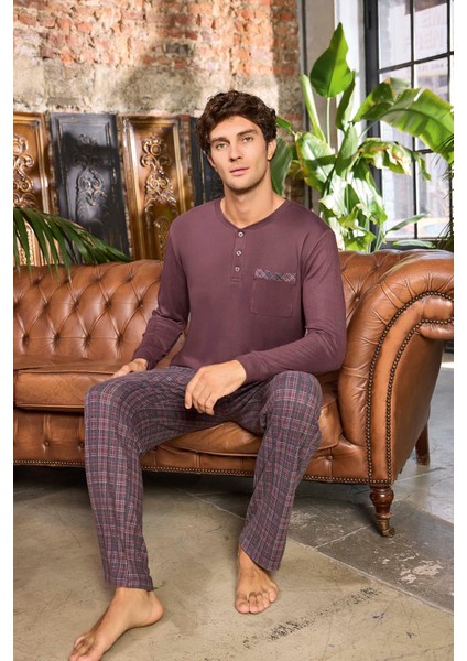 Erkek Aras Kışlık Termal Rahat Kestane Rengi Pijama Takım 0538