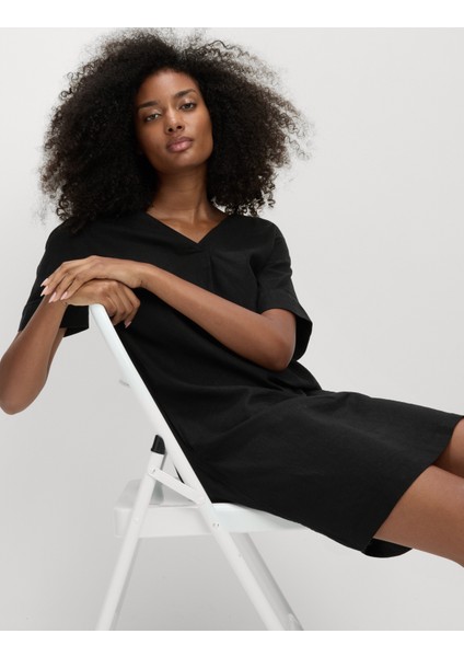 V Yaka Keten Mini Elbise