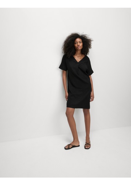 V Yaka Keten Mini Elbise fiyatları