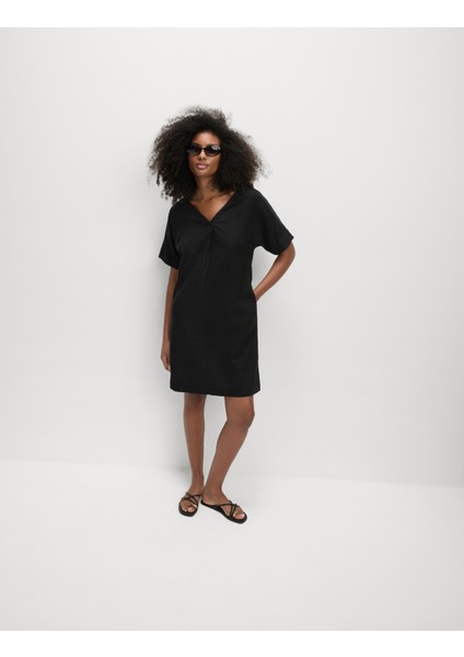 V Yaka Keten Mini Elbise fırsatları