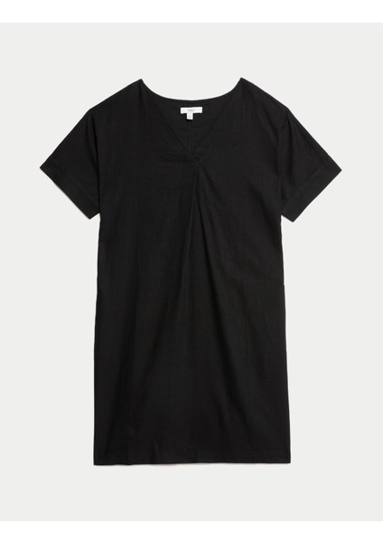 V Yaka Keten Mini Elbise indirimleri