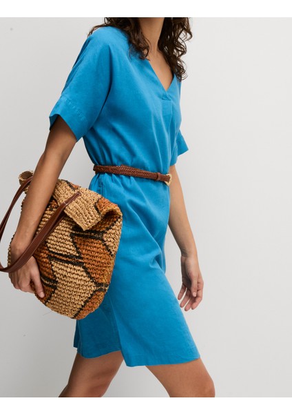 V Yaka Keten Mini Elbise