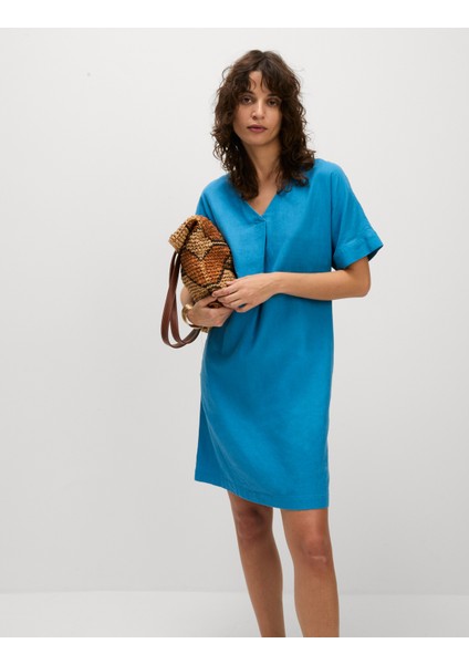 V Yaka Keten Mini Elbise modelleri