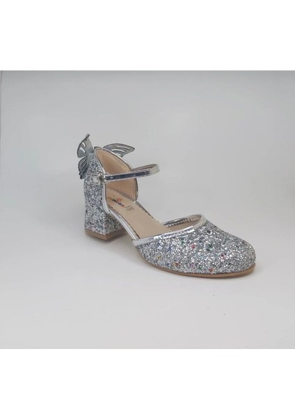 Mini Can P771 Gümüş Pullu Topuk Arka Kelebek Cırtlı Abiye Ayakkabı