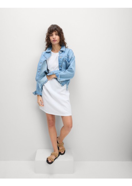 Yuvarlak Yaka Keten Mini Elbise