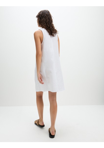 Yuvarlak Yaka Keten Mini Elbise modelleri