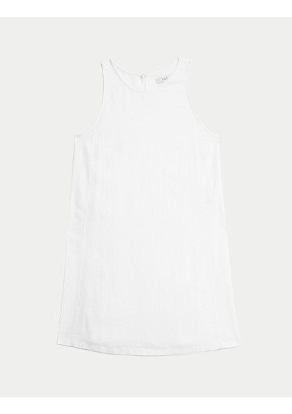 Yuvarlak Yaka Keten Mini Elbise