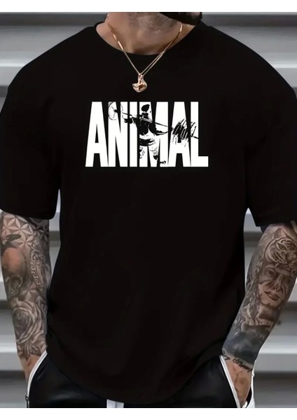 Anımal Desen Baskı Erkek Oversive Tişört, Grafik Tişört Erkek Yazlık Outdoor Kıyafetleri, Sporda ve Günlük Giyime Uygun - Siyah
