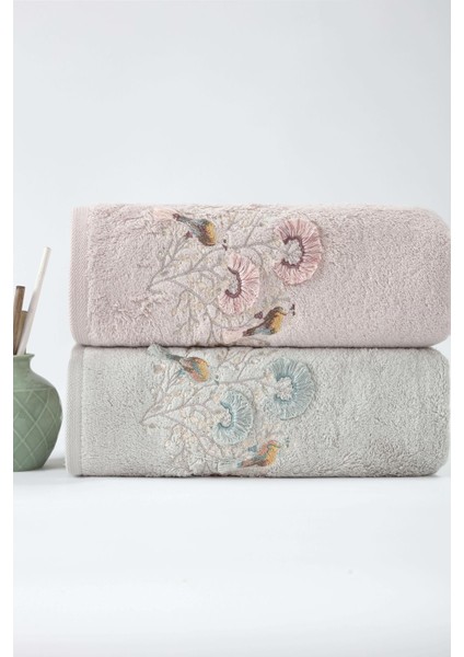 Bomonti 50*90 Bambu 2'li 3 Boyutlu Nakışlı Yüz Havlusu Pembe-Mavi