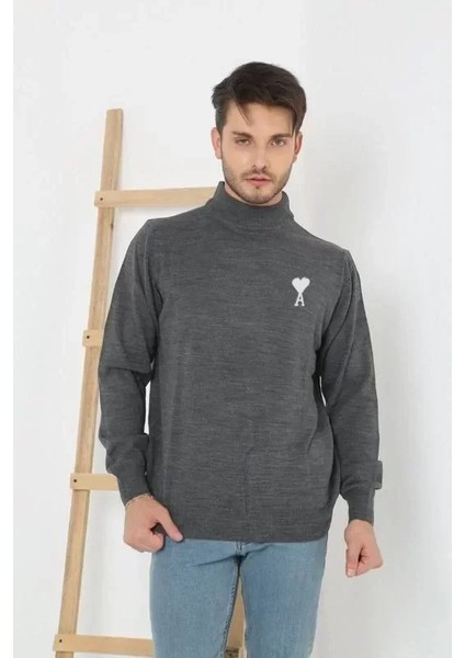 Unisex Yarım Boğazlı Baskılı Dokuma Triko - Füme