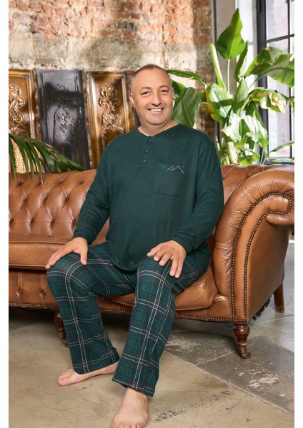 Erkek Emir Büyük Beden Kışlık Termal Çam Yeşili Pijama Takım 0455