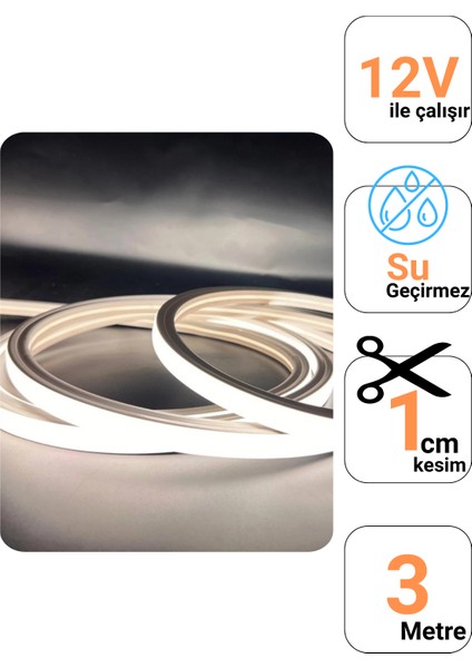 12 Volt 3 Metre Naturel Beyaz Neon LED Işık 1 cm Prize Takılmaya Hazır Değil Neon Şerit LED Esnek Silikonlu fiyatları