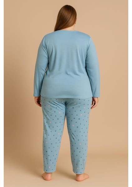 Kadın 05108 Büyük Beden % 100 Pamuk Raporlu Interlok Pijama Takımı Mavi fiyatları