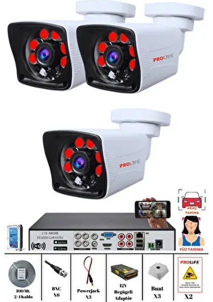 3 Kameralı Yapay Zeka Özellikli Yüz Tanıma ve Araç Algılamalı 5 Mp Güvenlik Kamerası Seti
