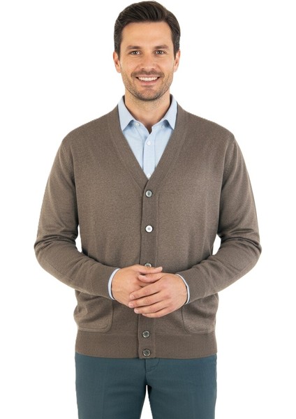 Erkek V Yakalı Düğmeli Uzun Kollu Çift Cepli Klasik Model Rahat Kesim Tam Kalıp Yünlü Dokuma Hırka