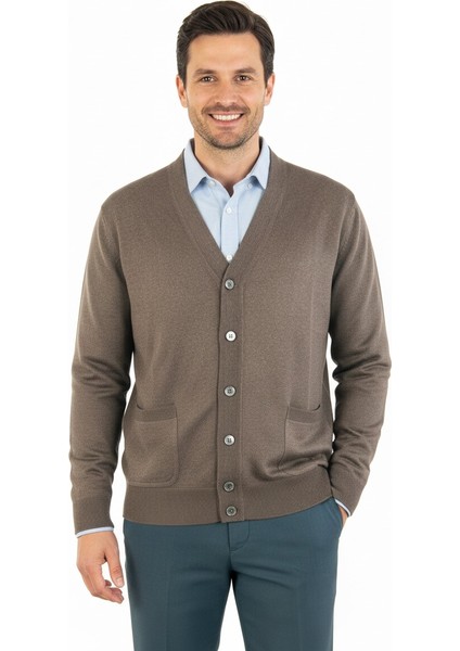 Erkek V Yakalı Düğmeli Uzun Kollu Çift Cepli Klasik Model Rahat Kesim Tam Kalıp Yünlü Dokuma Hırka fiyatları
