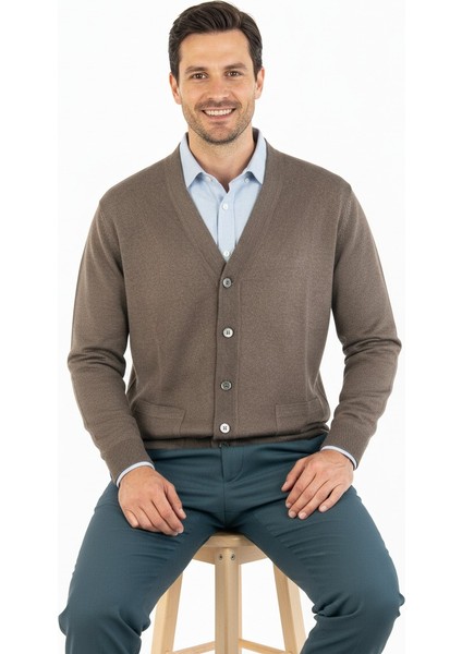 Erkek V Yakalı Düğmeli Uzun Kollu Çift Cepli Klasik Model Rahat Kesim Tam Kalıp Yünlü Dokuma Hırka modelleri